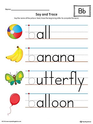 Free say and trace letter b beginning sound words worksheet color