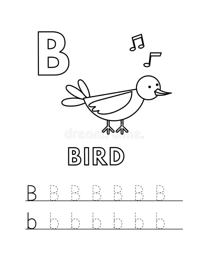 Vector cute cartoon animals alphabet and tracing practice letter b bird coloring pages stock vector