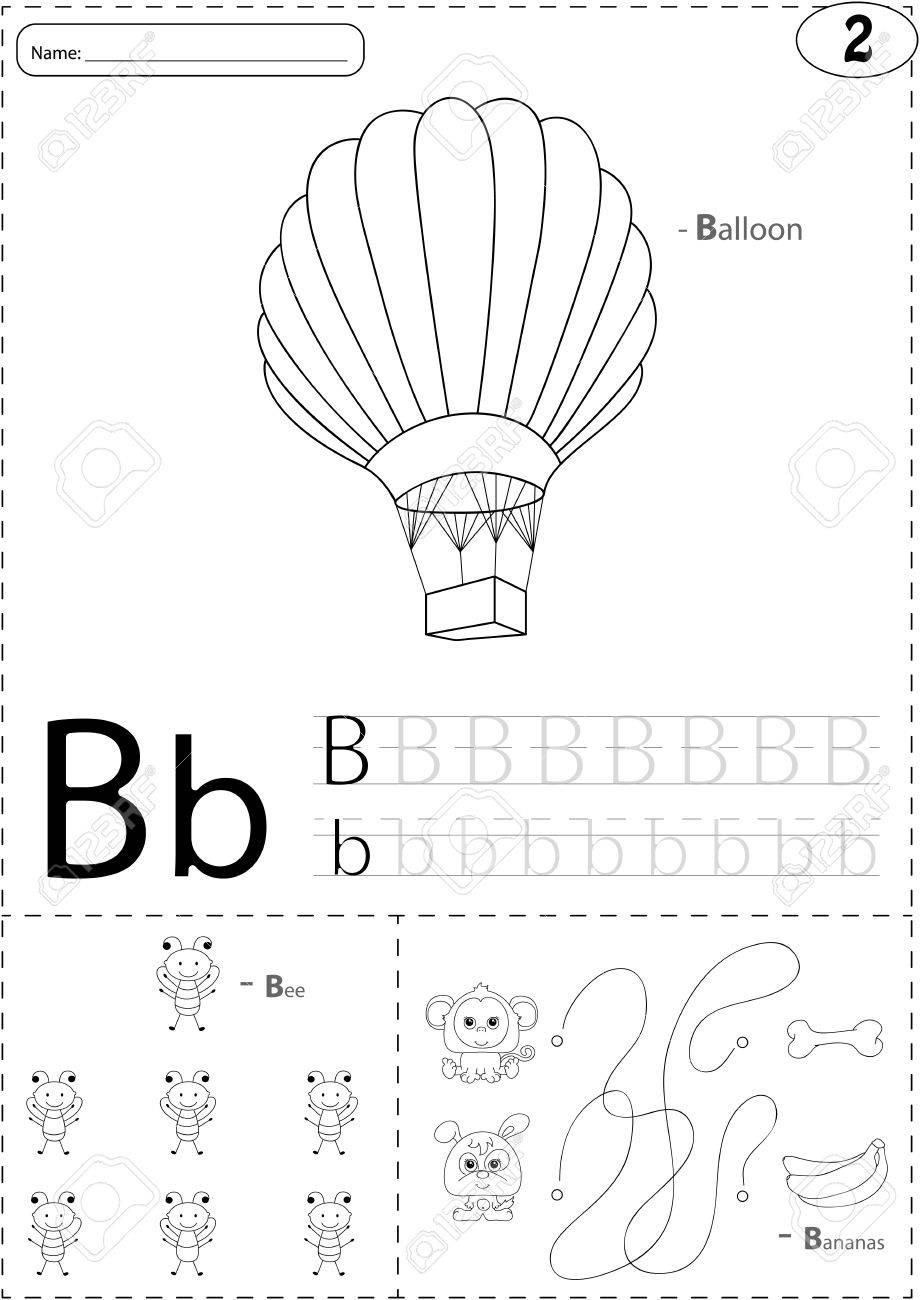Cartoon balloon bee and bananas alphabet tracing worksheet writing a