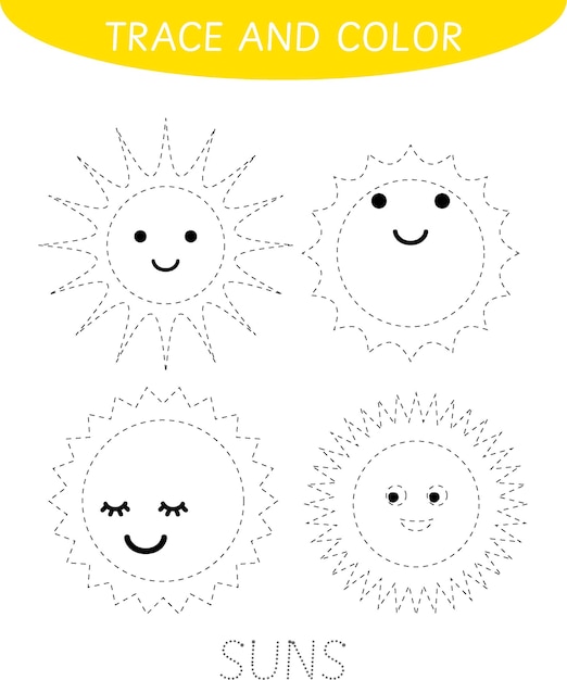 Premium vector sun trace and color tracing practice for kids coloring page summer activity prewriting activity