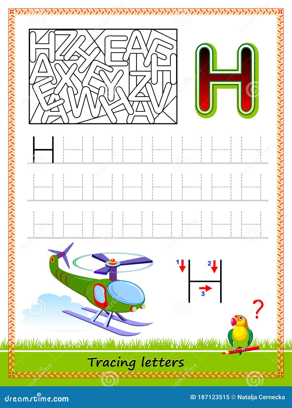 Worksheet for tracing letters find and paint all letters h kids activity sheet educational page for children coloring book stock vector