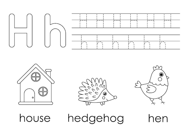 Premium vector learning english alphabet for kids letter h coloring book