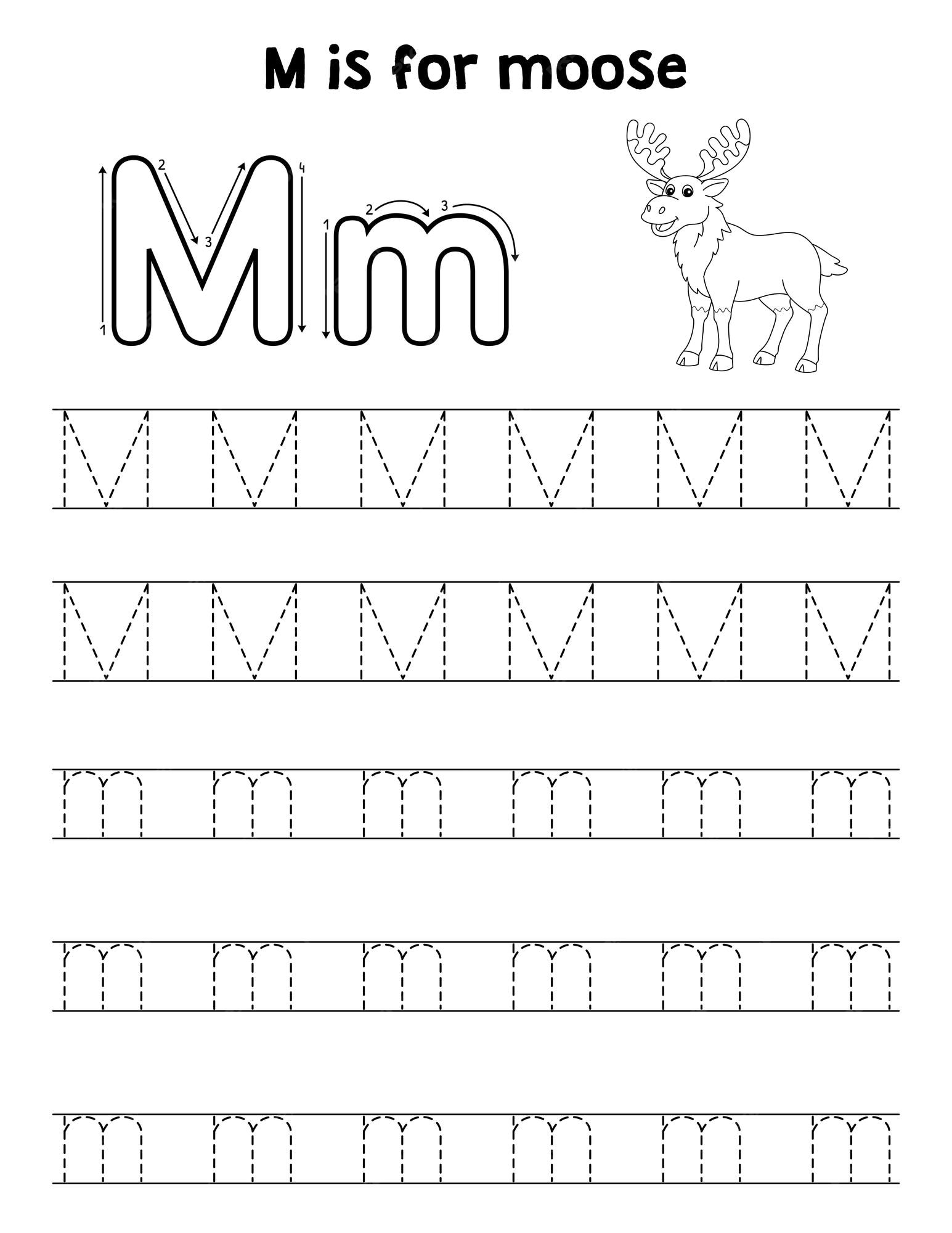 Premium vector moose animal tracing letter abc coloring page m