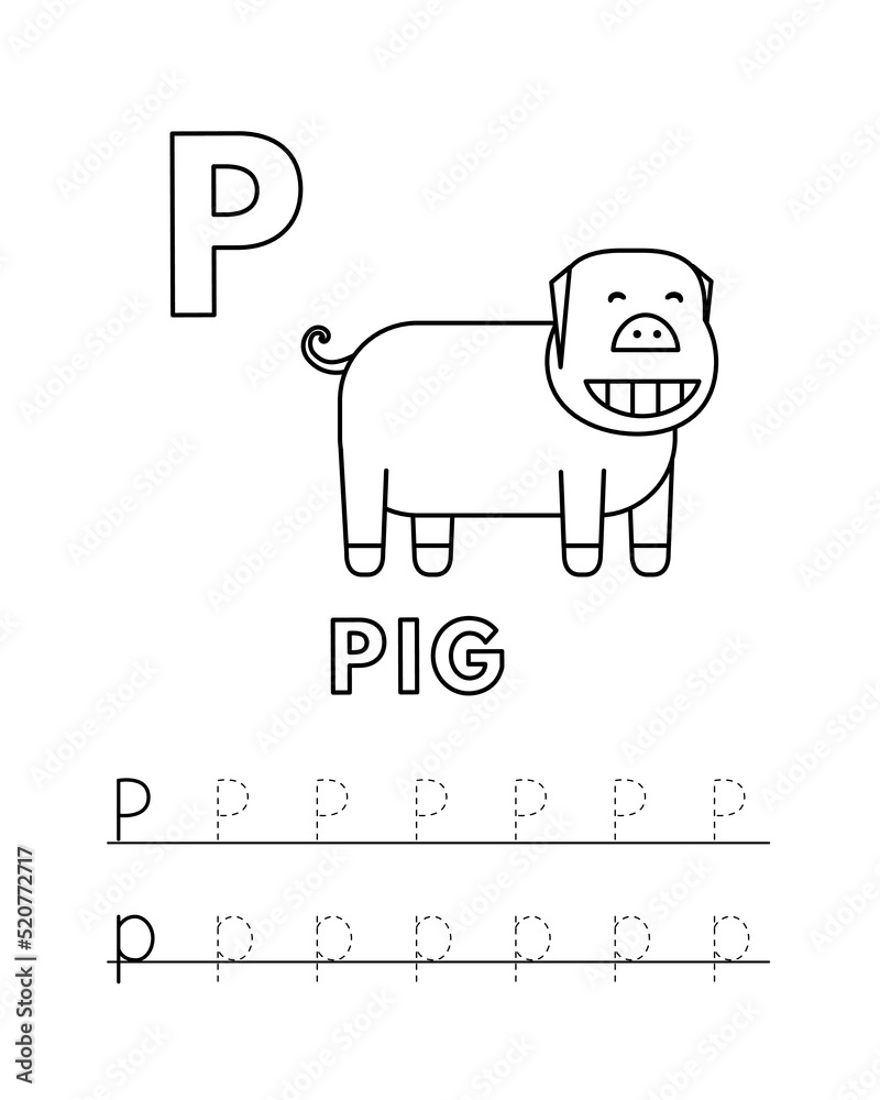 Alphabet with cute cartoon animals isolated on white background coloring pages for children education vector illustration of pig and tracing practice worksheet letter p vector