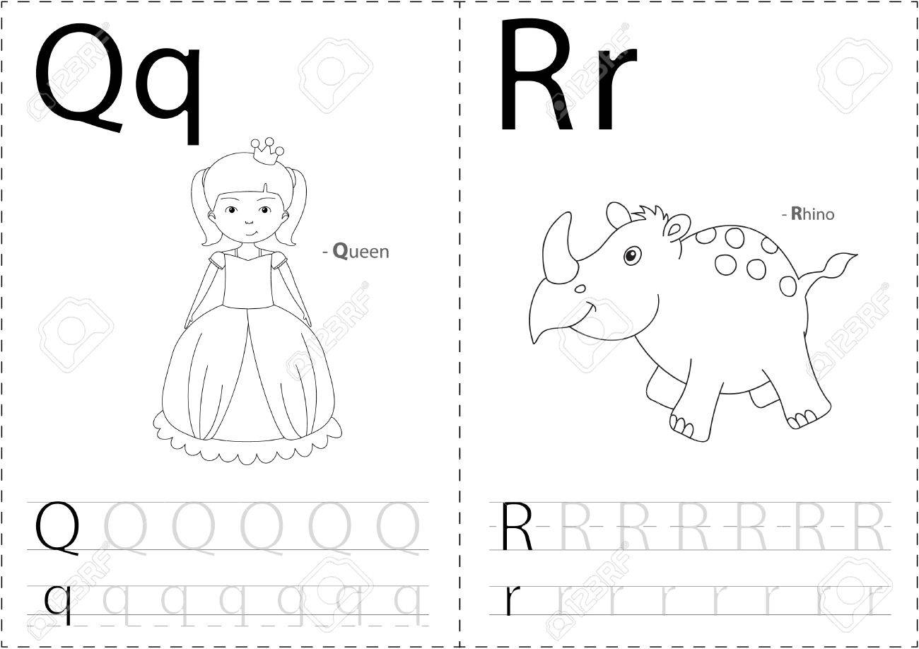 Cartoon queen and rhino alphabet tracing worksheet writing a