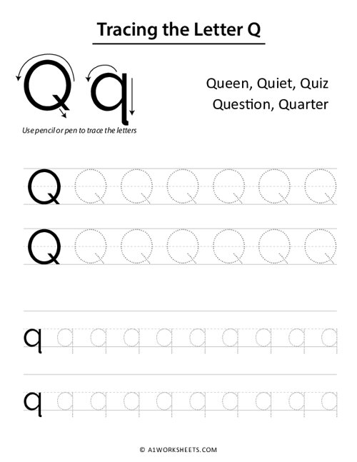 Tracing the letter q q uppercase lowercase worksheet printable