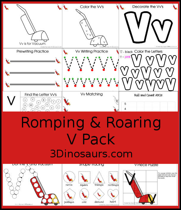 Free romping roaring v pack printable letter v is for vacuum dinosaurs