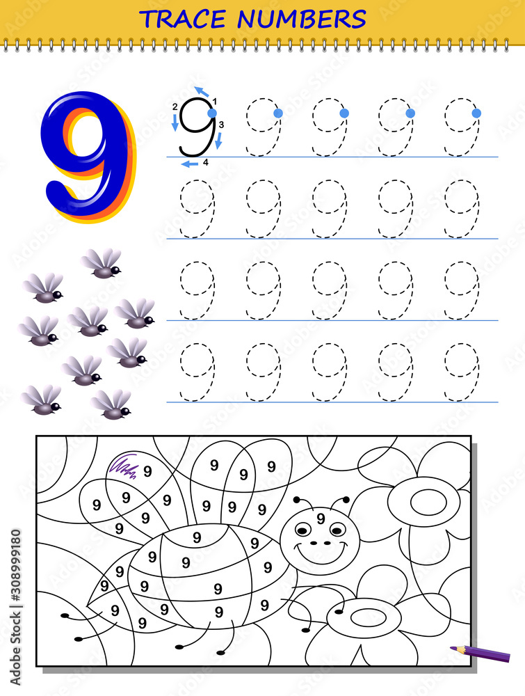 Vecteur educational page for kids with number printable worksheet for children textbook developing skills of counting writing and tracing baby coloring book back to school vector image