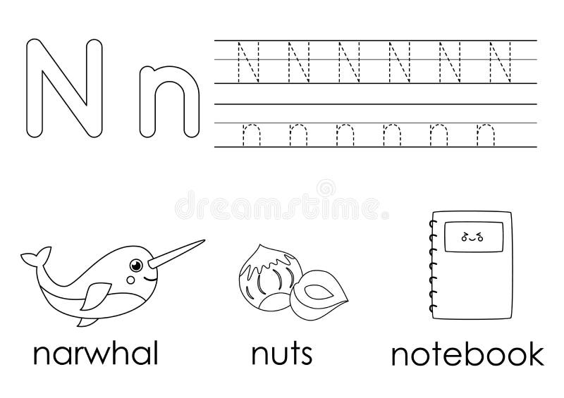 Learning english alphabet for kids letter n coloring book stock vector