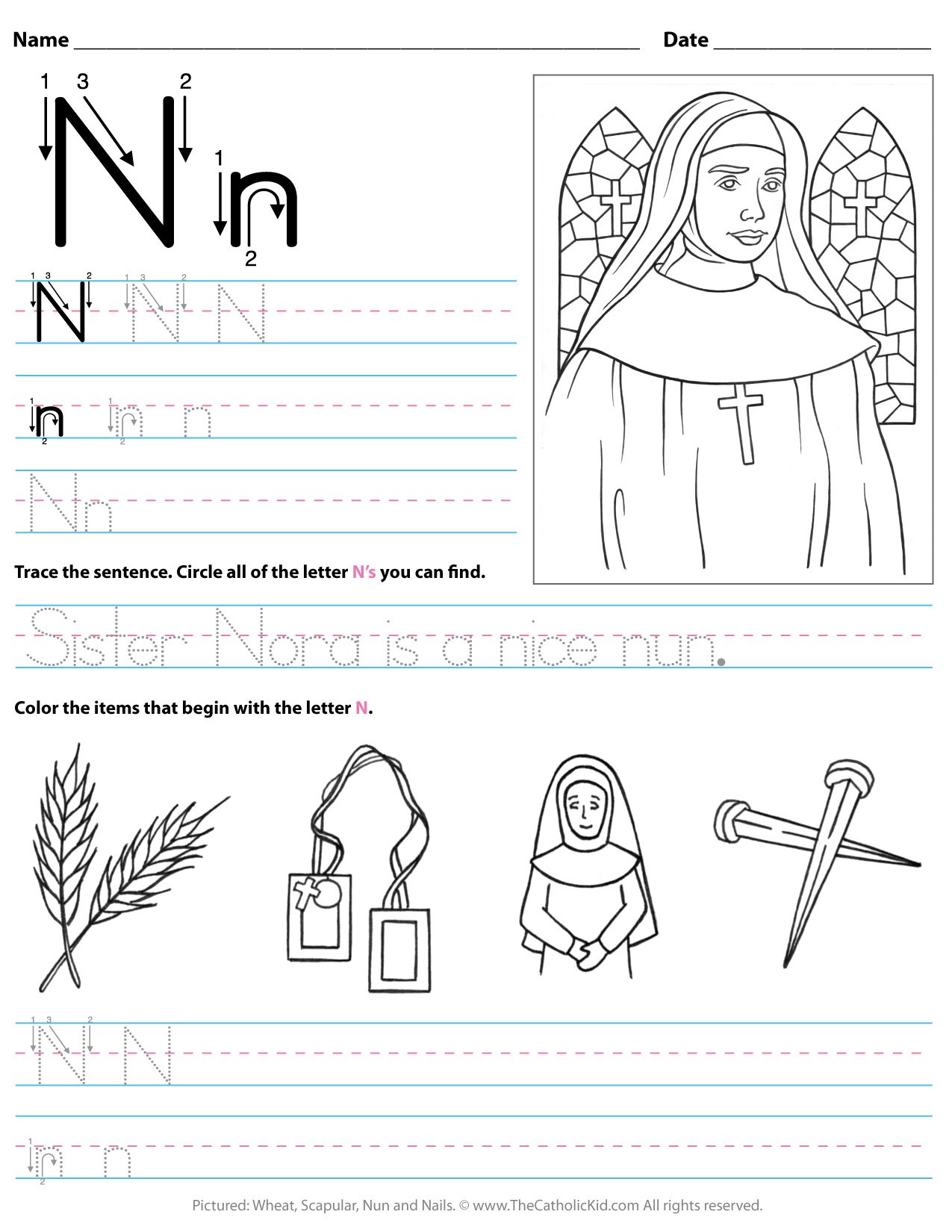 Catholic alphabet letter n worksheet preschool kindergarten
