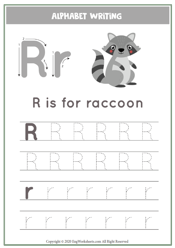 Letter r alphabet tracing worksheet with animal illustration