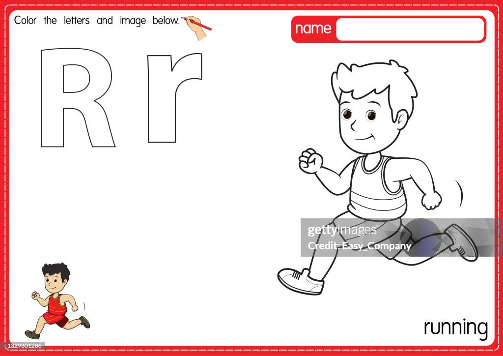 Vector illustration of kids alphabet coloring book page with outlined clip art to color letter r for running high