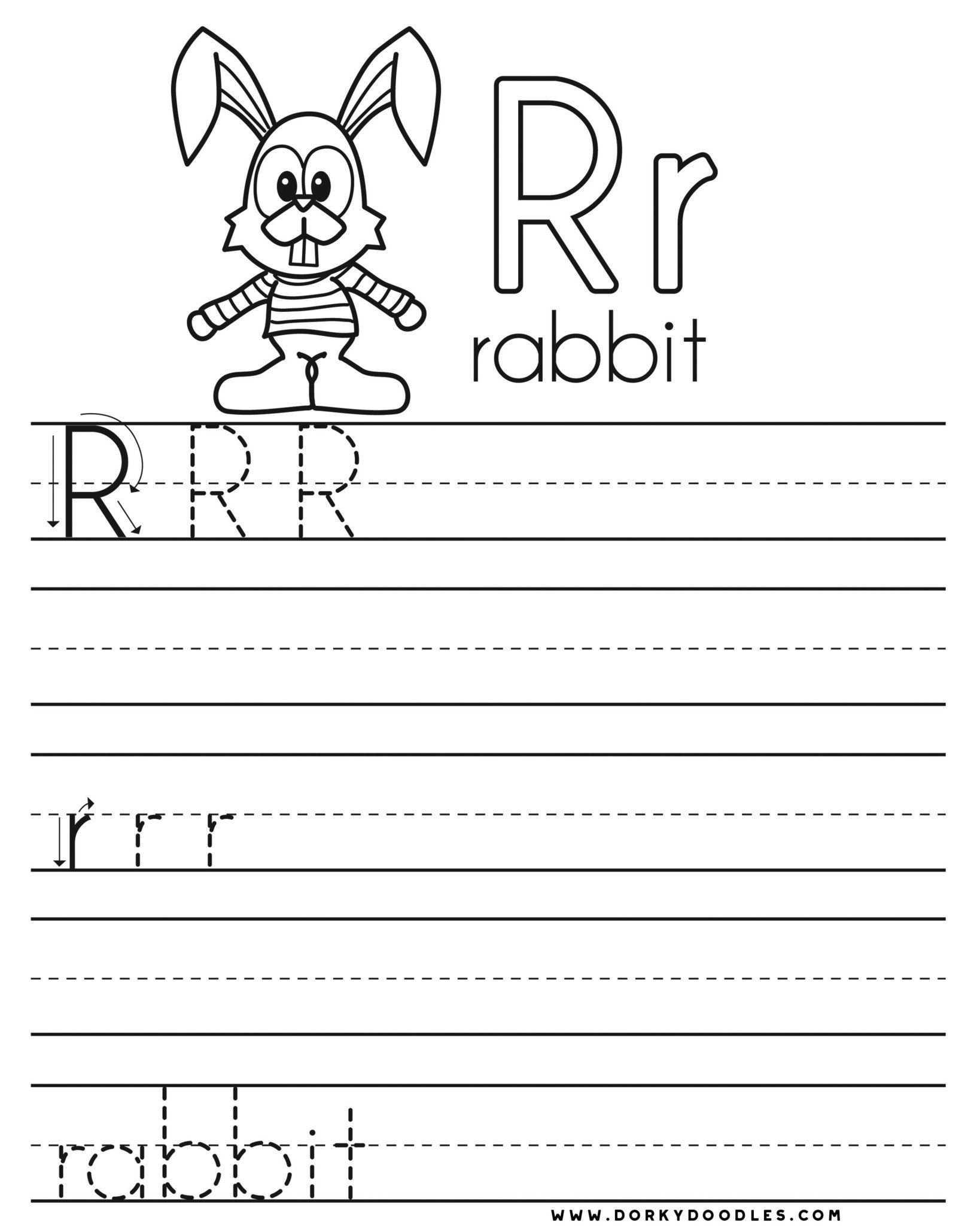 Letter r coloring page and writing practice worksheet â dorky doodles