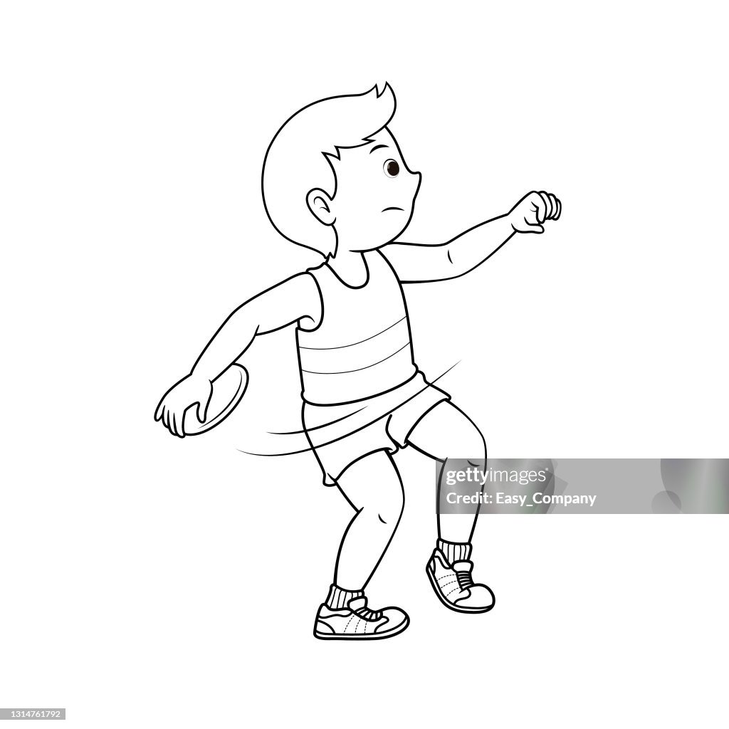 Vector illustration of male athlete training discus throw track and field event game isolated on white background sport petition or training concepts kids coloring page cartoon character clipart high