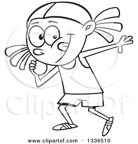 Lineart clipart of a cartoon black and white african american track and field girl throwing a shotput