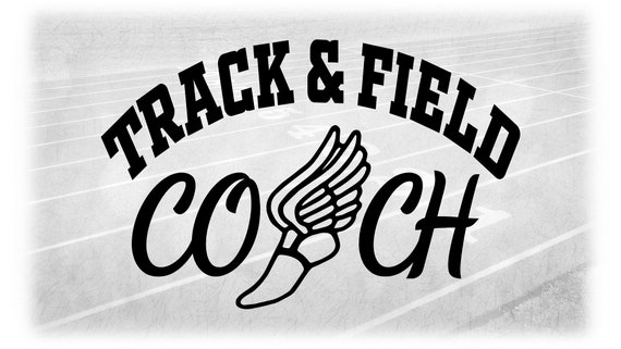 Sports clipart arched black block words track field and fancy script word coach with winged shoe symbol digital download svg png