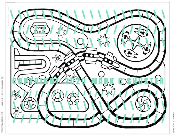 Meteor train auto race coloring pages jpeg pdf file theme park roller coaster train amusement ride and car raceway