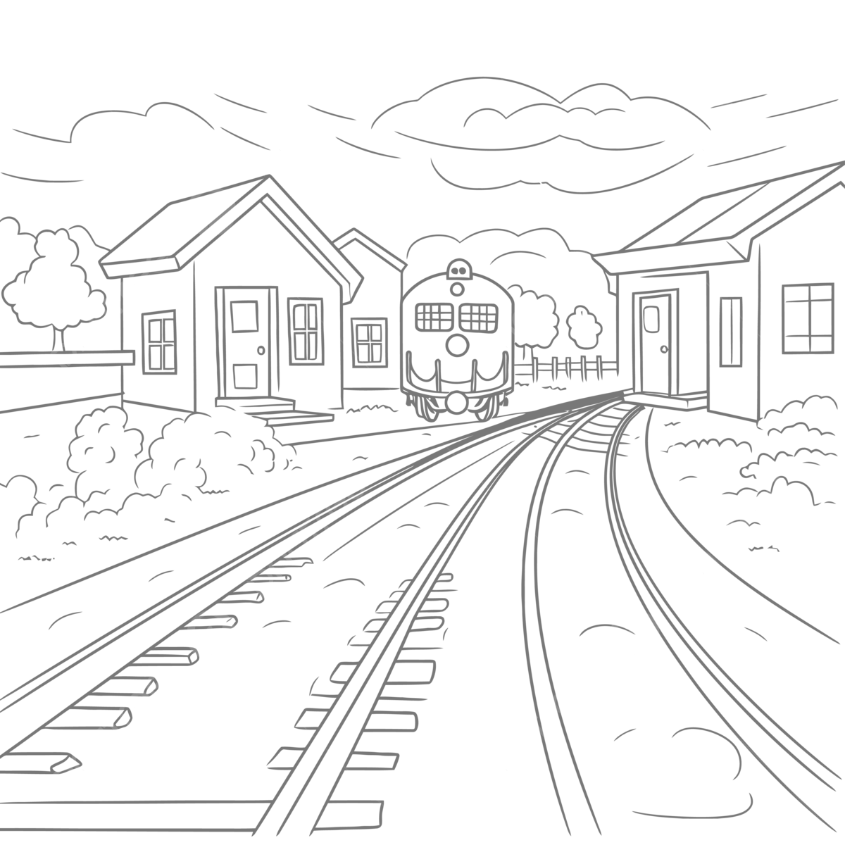 Trains on the track coloring page with houses outline sketch drawing vector house drawing train drawing wing drawing png and vector with transparent background for free download