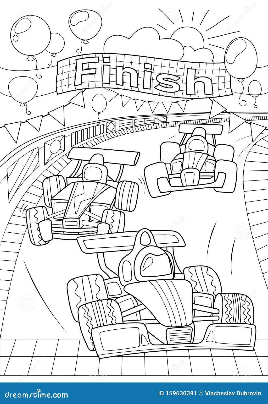 Car race coloring page formula black line vector illustration on white background speed car on finish racing car stock vector