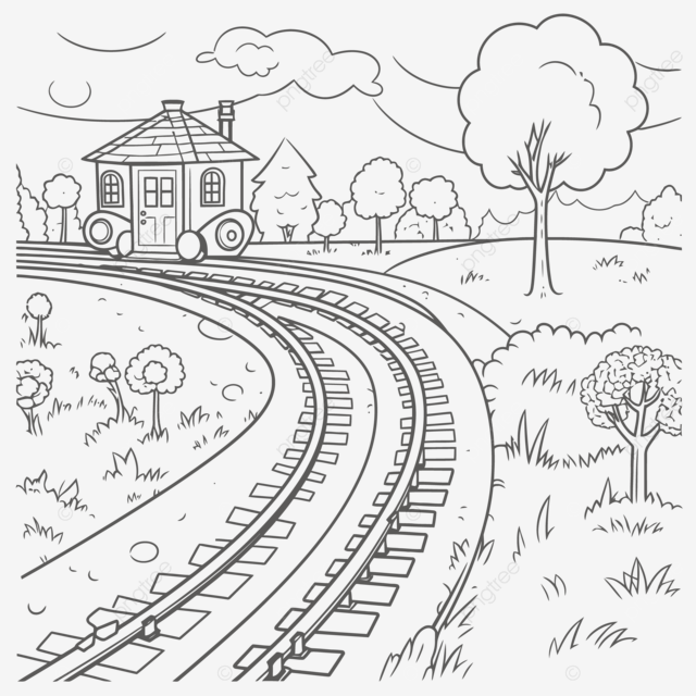 Train track with a house on it coloring page outline sketch drawing vector house drawing train drawing wing drawing png and vector with transparent background for free download