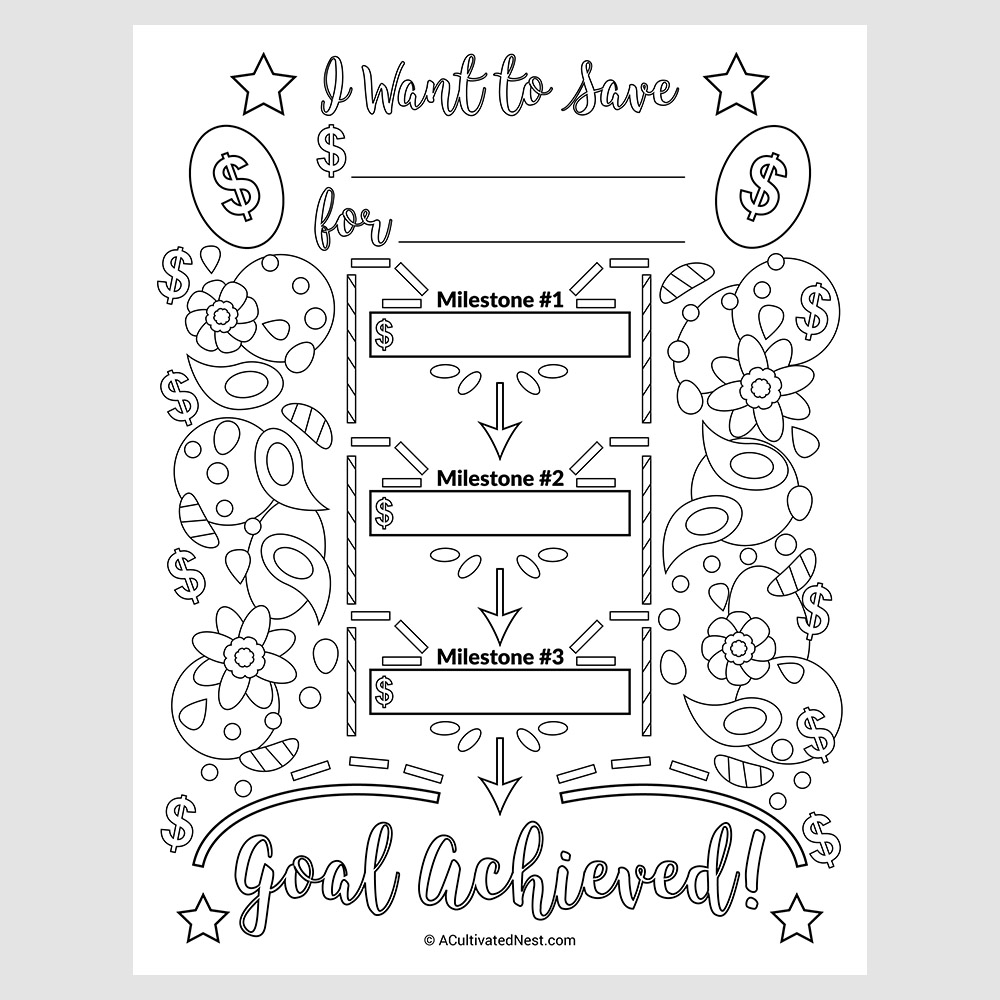 Savings goal planner printable coloring page