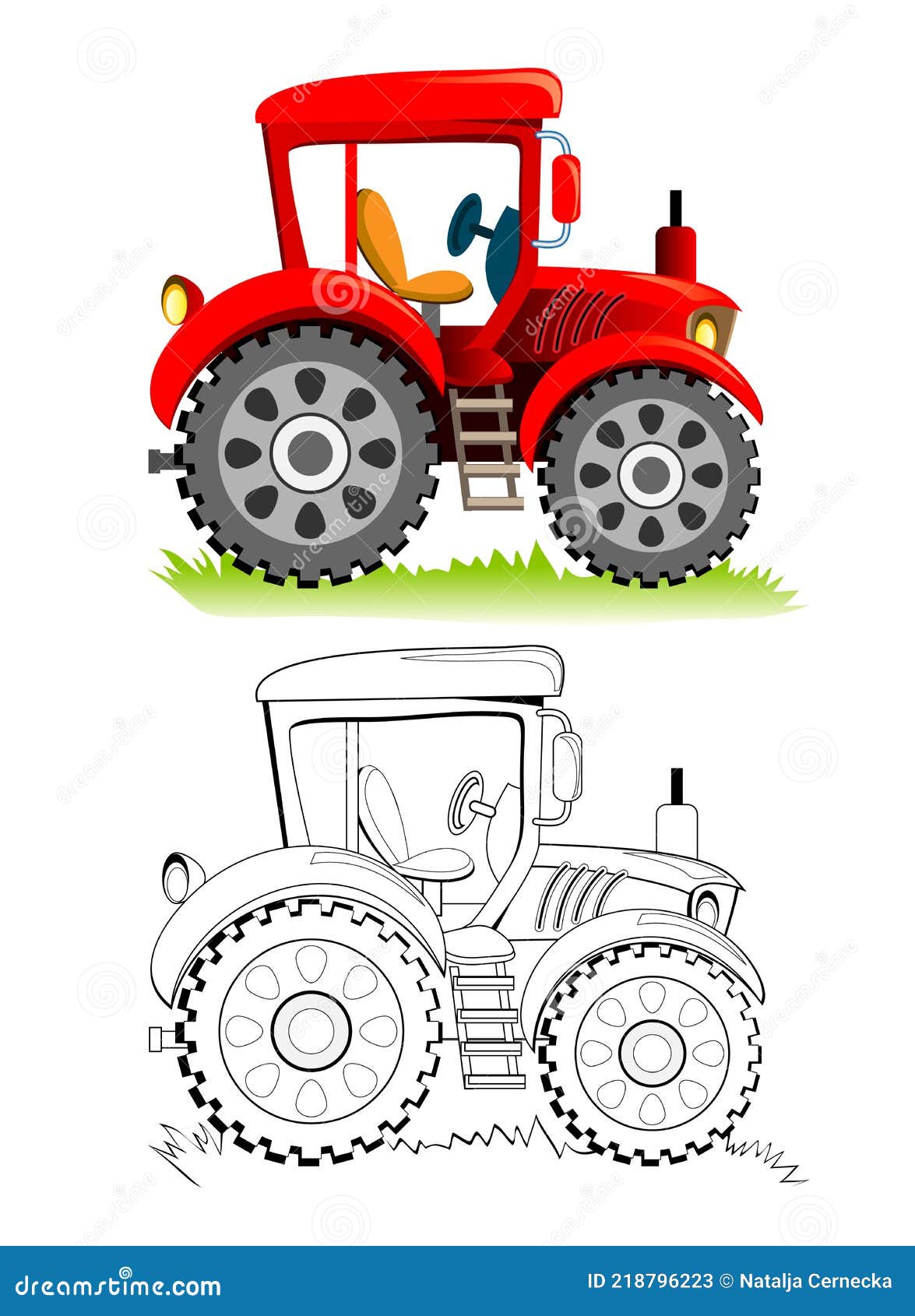 Colorful and black and white template for coloring cute toy tractor model illustration for boys worksheet for kids stock vector