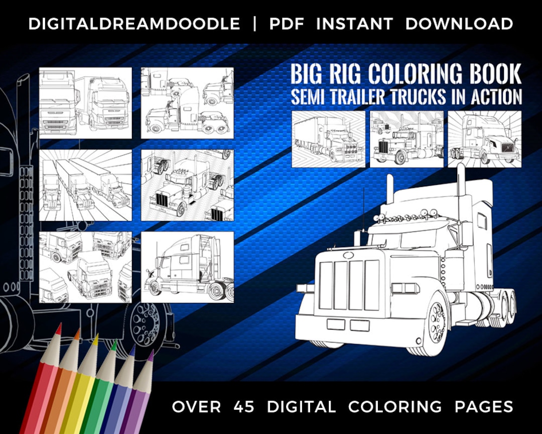 Semi truck coloring book printable trucker coloring book big rig coloring pages mack trucking colouring convoy instant digital download