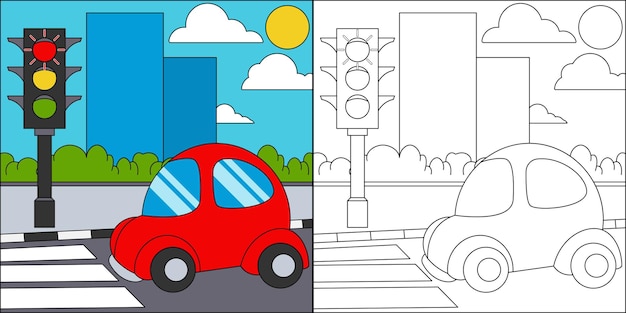 Premium vector car stop at traffic lights suitable for childrens coloring page vector illustration