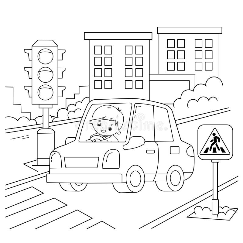 Coloring page outline of cartoon car with driver on road traffic light image transport or vehicle for children stock vector