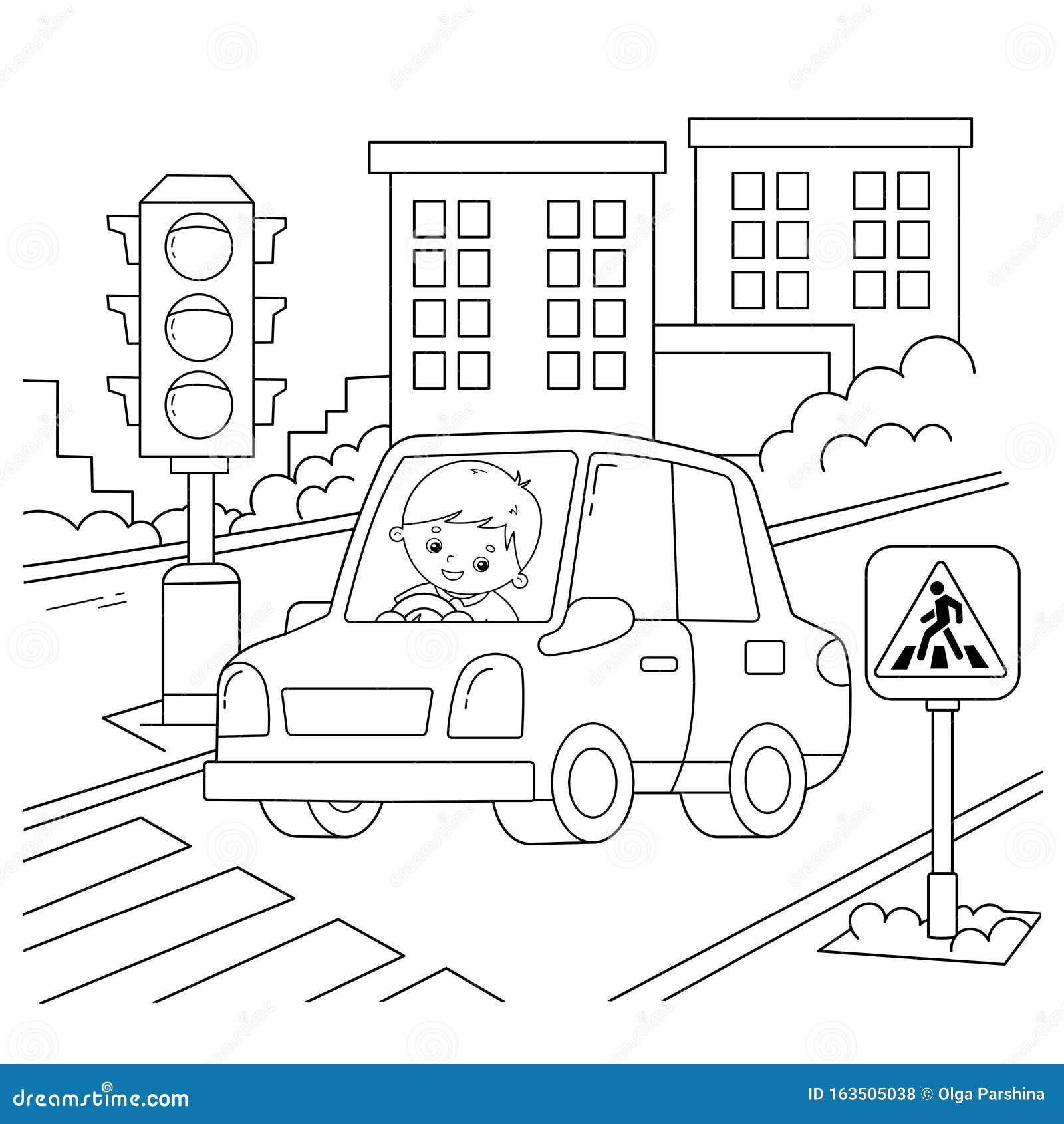 Coloring page outline of cartoon car with driver on road traffic light image transport or vehicle for children stock vector