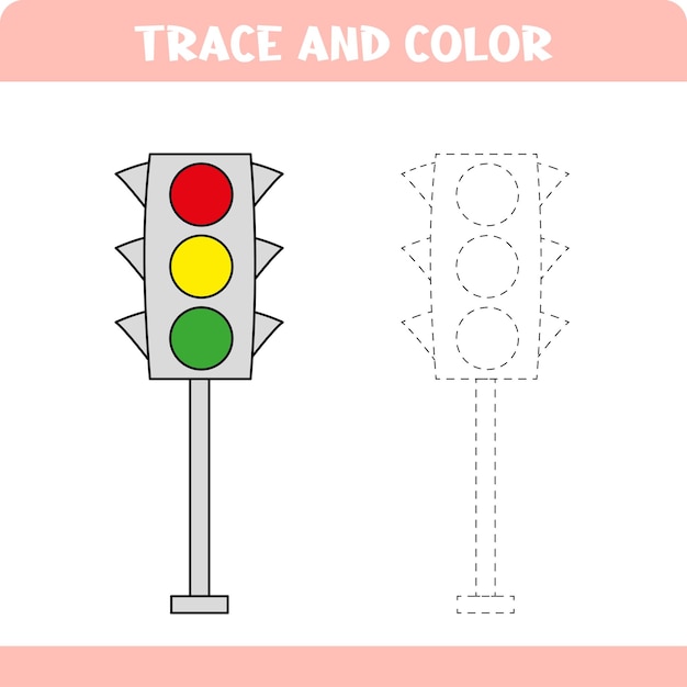 Premium vector trace and color educational game for kids worksheet with handwriting practice for preschoolers coloring page for children tracing traffic light xd