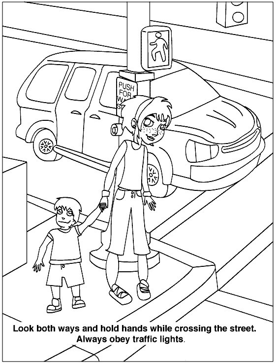 Mom and kid road and street safety coloring page