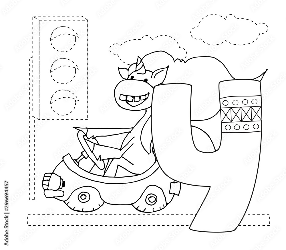 Letter y and funny cartoon unicorn handwriting practice unicorns driving a car near a traffic light printable coloring page for kindergarten and preschool card for study english vector coloring b vector