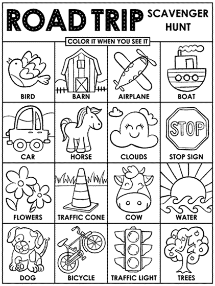 Road trip scavenger hunt coloring page