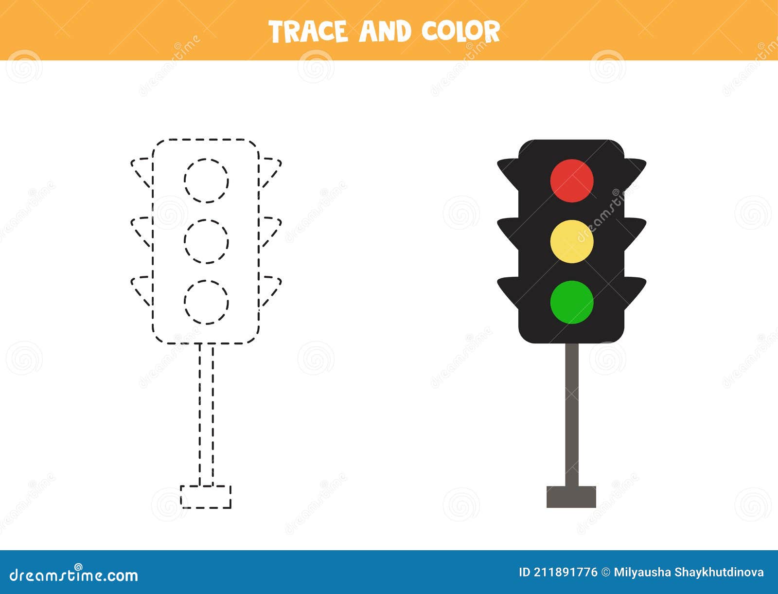 Trace and color cartoon traffic lights space worksheet for kids stock vector