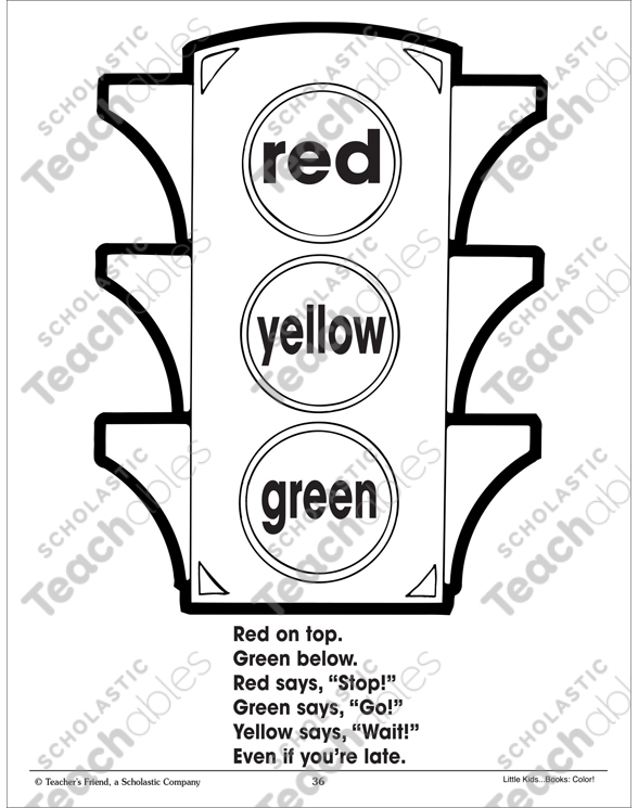 Traffic light and color poem using three colors printable coloring pages