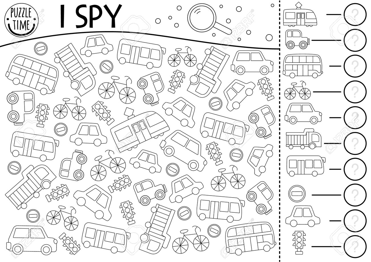 Transportation i spy black and white game for kids searching and counting line activity with car bus tram taxi truck traffic lights road signs city printable worksheet coloring page puzzle royalty free