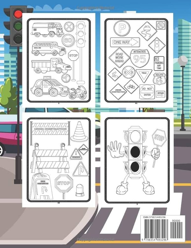 Traffic signs coloring book for kids color and learn about city street road traffic sign icon symbol transportation traffic light vehicles