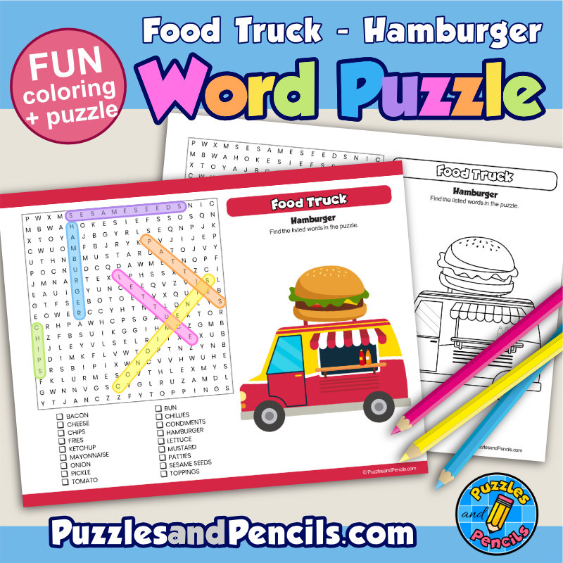 Hamburger word search puzzle activity page and coloring food truck wordsearch made by teachers