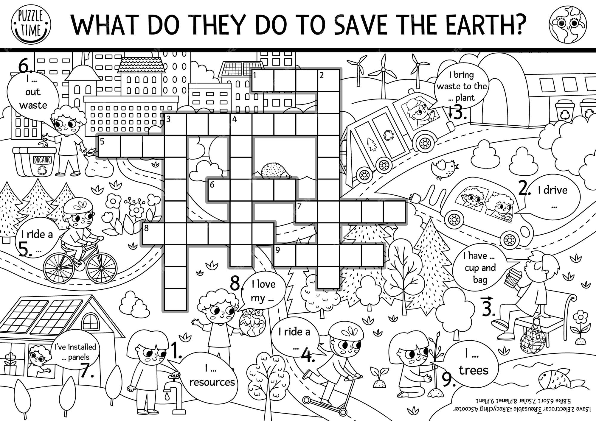 Premium vector vector ecological crossword puzzle for kids black and white earth day quiz with eco city landscape eco awareness educational line activity or coloring page cute environment friendly cross word