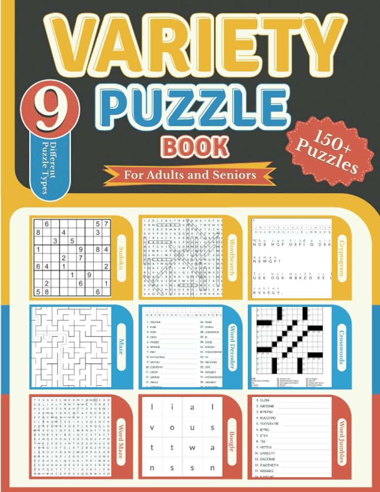 Variety puzzle book for adults and seniors different puzzle types