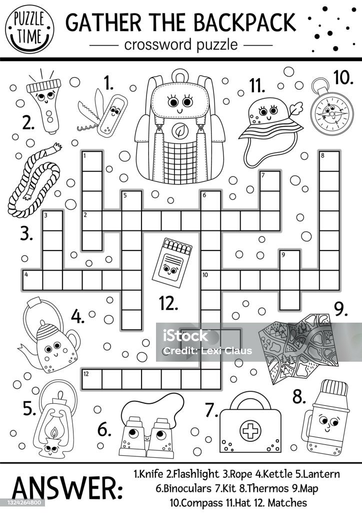 Vector black and white camping crossword puzzle for kids simple summer camp outline quiz with forest equipment activity with pass thermos bag gather the backpack cross word or coloring page stock illustration