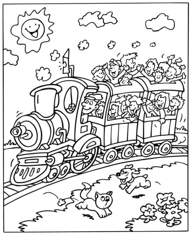 Kids in train coloring page