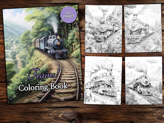 Trains coloring page book fantasy coloring book adult coloring book grayscale coloring page landscapes coloring page