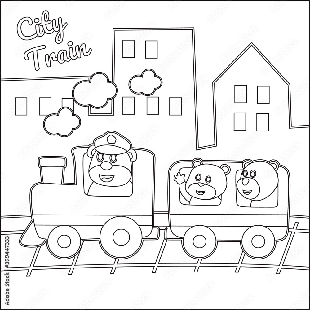 Funny animals cartoon on train coloring book or page creative vector childish design for kids activity colouring book or page vector