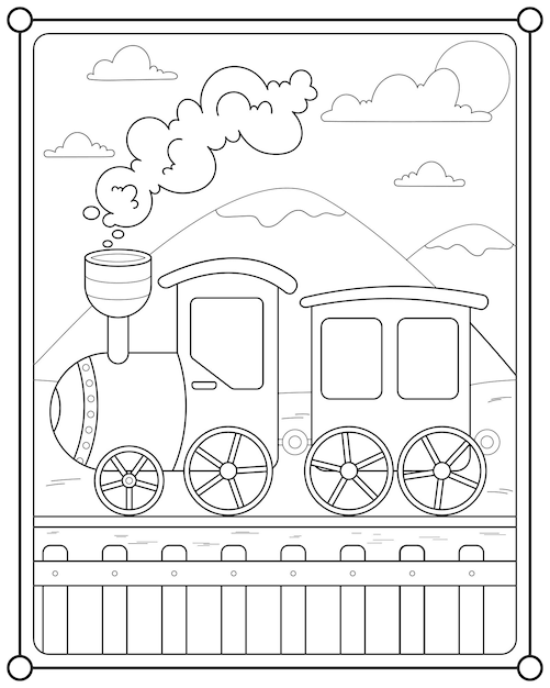 Premium vector classic train with mountain view suitable for kids coloring page vector illustration