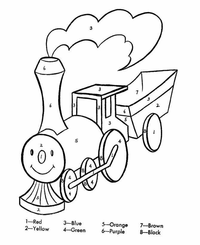 Color by number coloring page learn to color by following the color numbers toy train engine coloring page activity sheet