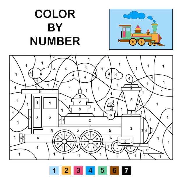 Premium vector colour in the numbers on the train educational game for kids and teens colouring page