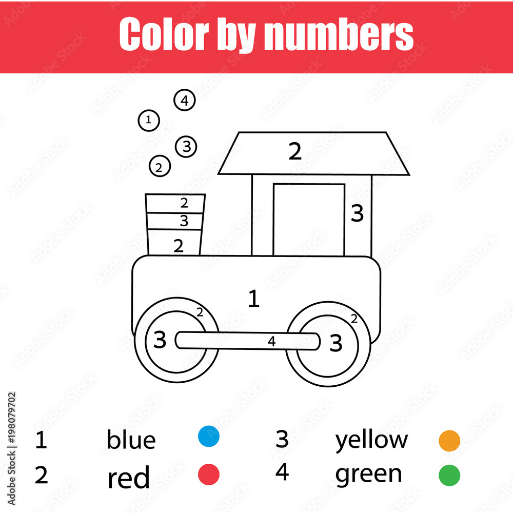 Coloring page with toy train color by numbers printable worksheet educational game for children toddlers and kids vector