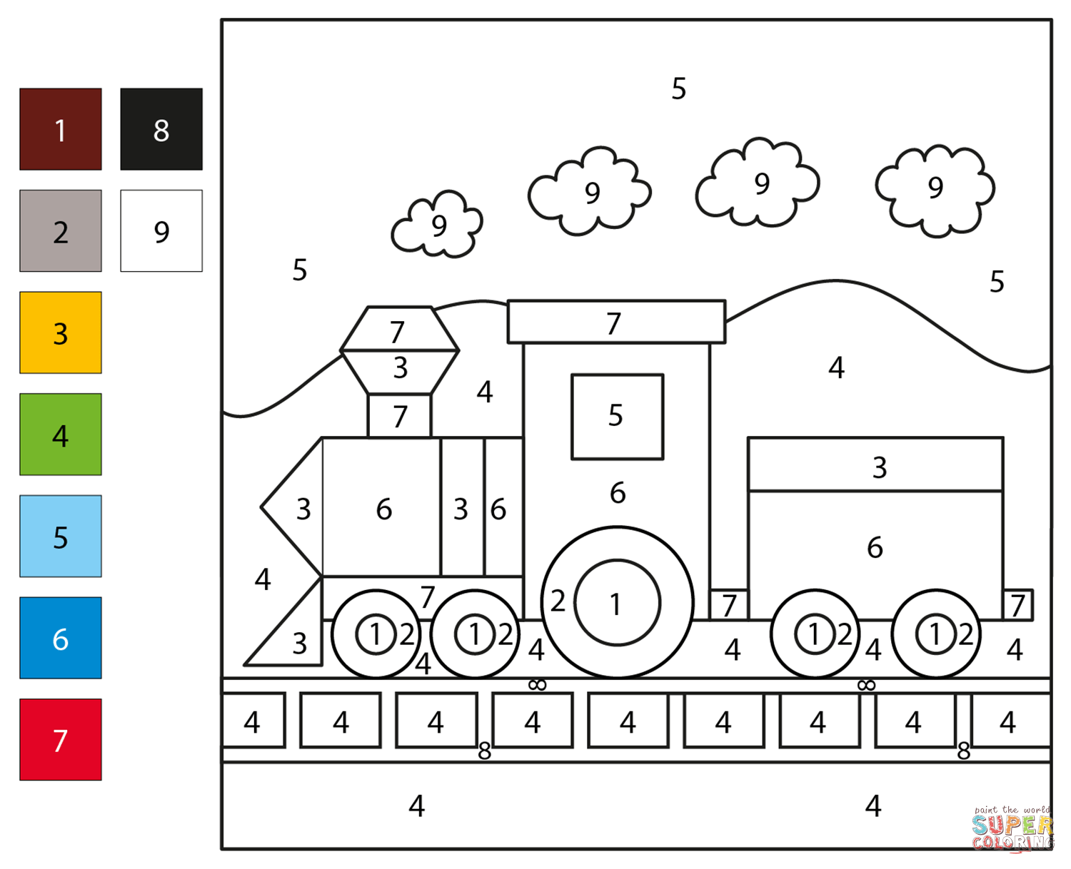 Train color by number free printable coloring pages